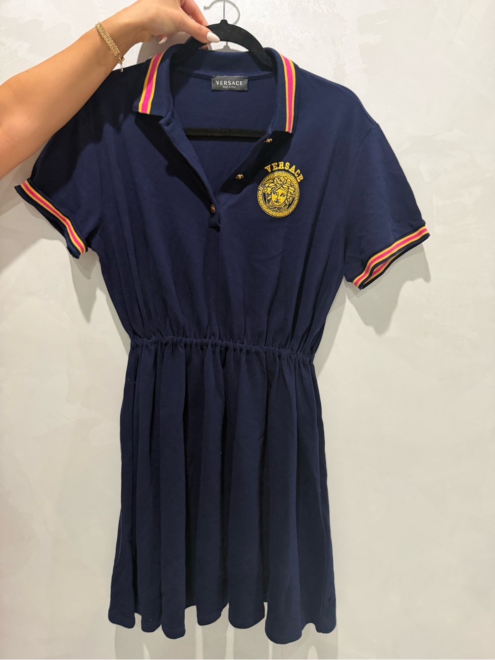 Versace Navy Cotton Polo Dress with Gold Medusa Patch
